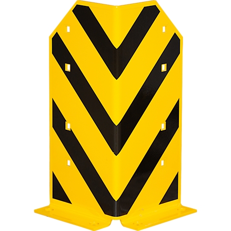 Gele hoekbescherming met zwarte pijlen. Er zijn gaten en uitsparingen aan de randen.