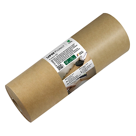 UPM Protect 50 Rolle selbstklebendes Schutzpapier aus braunem Kraftpapier auf weißem Hintergrund.