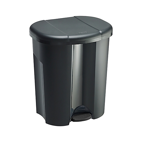 Ein schwarzer Mülleimer mit offenem Deckel, der drei Innenfächer zeigt.