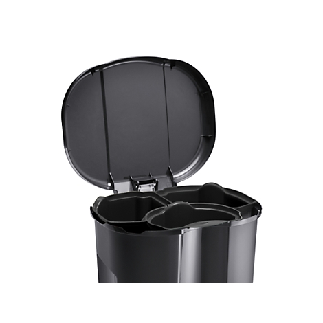 Grauer Abfalleimer mit Deckel und Fusspedal, vor weissem Hintergrund.