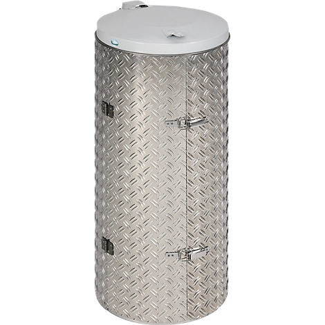 Zylindrischer Metallbehälter mit weißem Deckel und diagonaler Musterung. Die Tür ist mit einem Verschluss versehen.