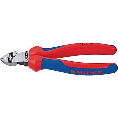 Rote und blaue Seitenschneider mit der Aufschrift KNIPEX und der Nummer 14 22 160.