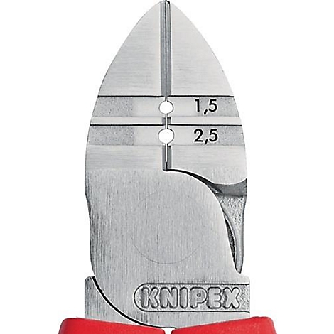 Nahaufnahme einer Abisolierzange. Auf der metallenen Oberfläche sind Grössenangaben 1,5 und 2,5 sowie der Schriftzug KNIPEX zu sehen.