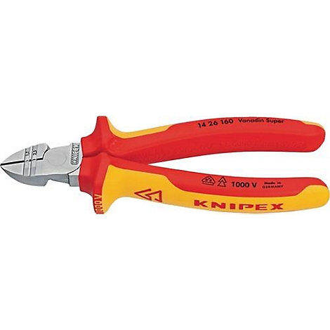 Knipex Seitenschneider, rot-gelb, Details: "14 26 160 Vanadin Super", "KNIPEX", 1000 V.