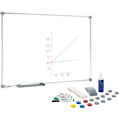 Tableau blanc avec diagramme, stylos, éponge et aimants.