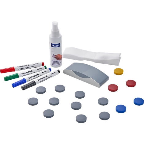 Ensemble complet pour tableau blanc avec stylos, aimants, éponge et nettoyant.
