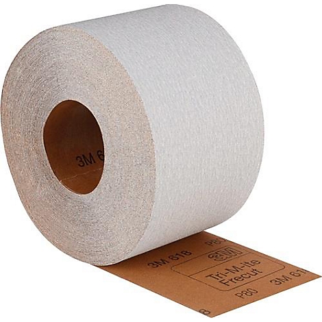 Roll of sandpaper, gray-white, with brown paper backing. Prints: 3M, Tri-Mite, Frecut, P80.