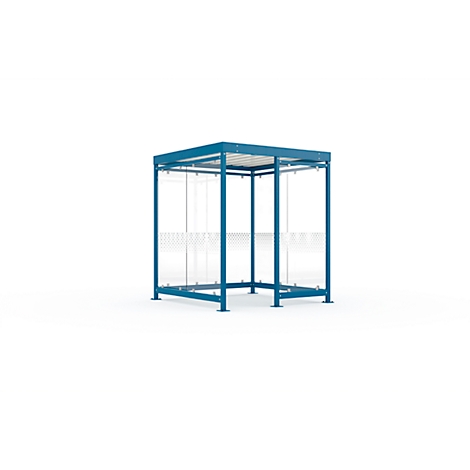 Abri bleu avec panneaux latéraux transparents sur fond blanc.