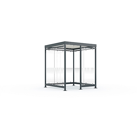 Un pavillon carré gris avec des parois latérales transparentes et un toit blanc. La structure est placée sur un fond blanc.
