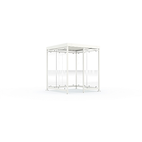 Abri d'attente carré blanc avec des parois vitrées et un toit sur fond blanc. Le verre présente un motif pointillé.