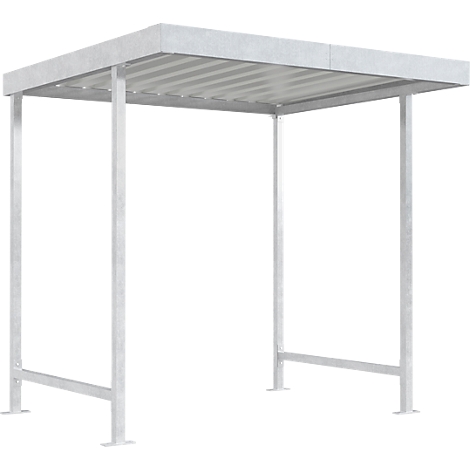 Un abri en métal gris, avec un toit carré et quatre piliers de soutien.