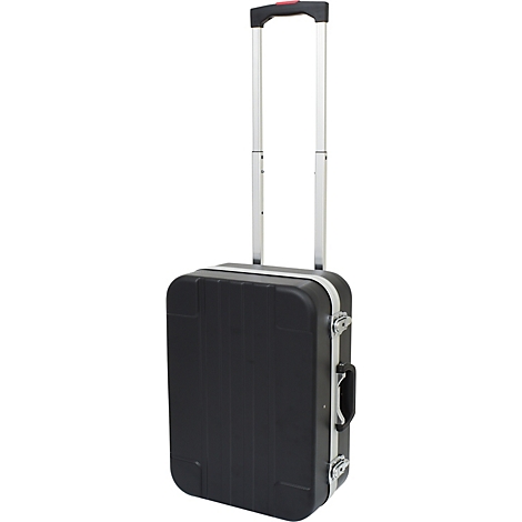 Schwarzer Trolleykoffer mit ausziehbarem Griff.