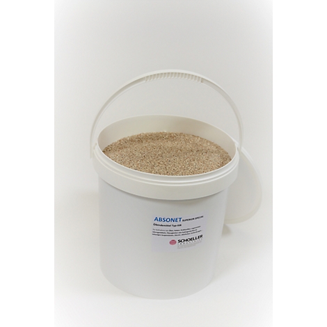 White bucket with sandy contents, open. Sticker with the inscription "ABSONET". Handle on top.