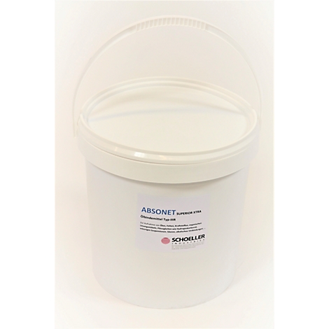 White bucket with handle. Sticker with text: ABSONET, SCHOELLER.