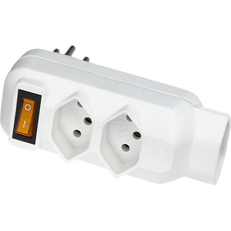 Weisse Mehrfachsteckdose mit zwei Steckdosen, einem Schalter und Stecker. Der Schalter ist orange.