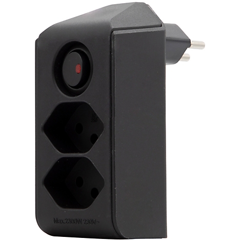 Schwarzer Adapter mit zwei Stiften, seitlich betrachtet, zeigt die plug-in Seite.