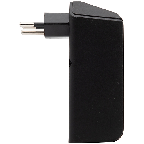 Schwarze Steckdosenleiste mit zwei ungenutzten Steckdosen und einem Netzschalter mit rotem Licht.