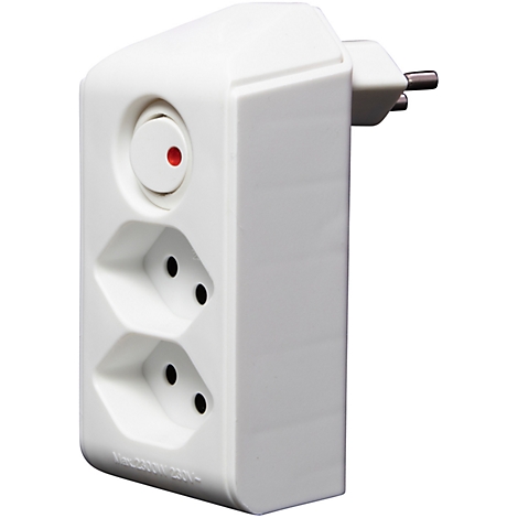 Ein weisser, flacher Stecker mit drei mit Metall beschichteten Pins an der Unterseite. Auf der Oberseite befinden sich geprägte Informationen wie Sicherheitszeichen und Herstellerdetails.