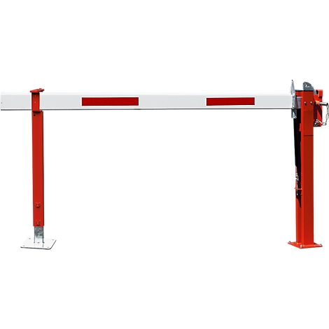 A red and white barrier with red rectangles on the bar.