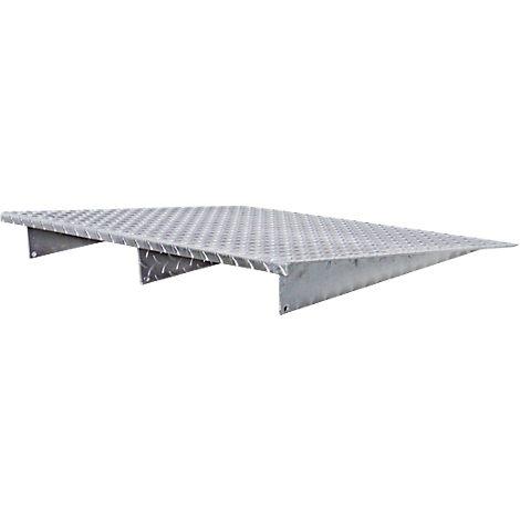 A metal ramp, photographed diagonally from above. The checkered plate is held by metal brackets.