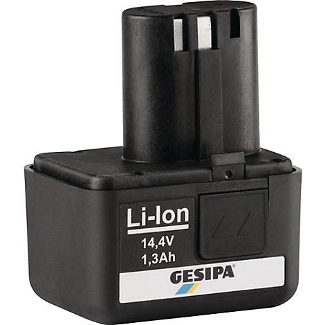 Zwarte batterij. Opschrift: Li-Ion 14.4V 1.3Ah en GESIPA logo.