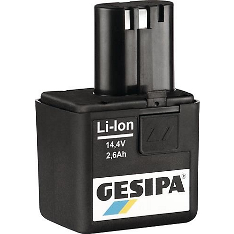 Zwarte accu met de tekst Li-Ion, 14,4V en 2,6Ah. Het GESIPA-logo staat onderaan.
