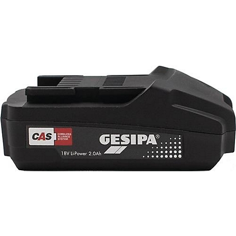 Zwarte Gesipa-batterij. Opschrift: 18V Li-Power 2.0Ah, CAS- en Gesipa-logo.