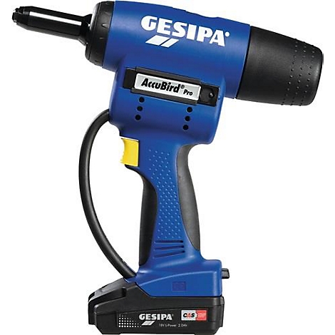Blauw draadloos gereedschap 'Gesipa AccuBird Pro', zwarte accenten, gele knop. Opschrift 'Gesipa'.
