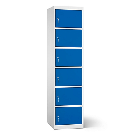 Kast met zes blauwe deuren, elk met een slot en handvat. De kast staat tegen een witte achtergrond.