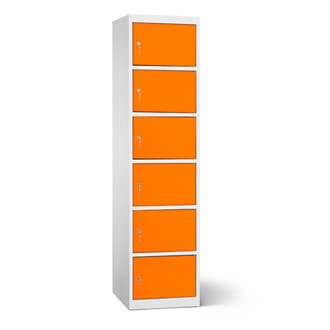 Kast met zes compartimenten, wit frame, oranje deuren, met sleutels.