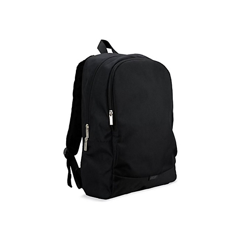 Ein schwarzer Acer Rucksack aus Stoff mit Reißverschlüssen vor weißem Hintergrund.