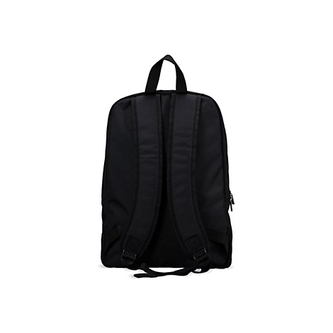 Schwarzer Rucksack von hinten, mit gepolsterten Schultergurten und Trageschlaufe, vor weißem Hintergrund.