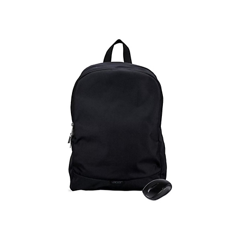 Schwarzer Acer Rucksack mit dazugehöriger schwarzer kabelloser Maus vor weißem Hintergrund.