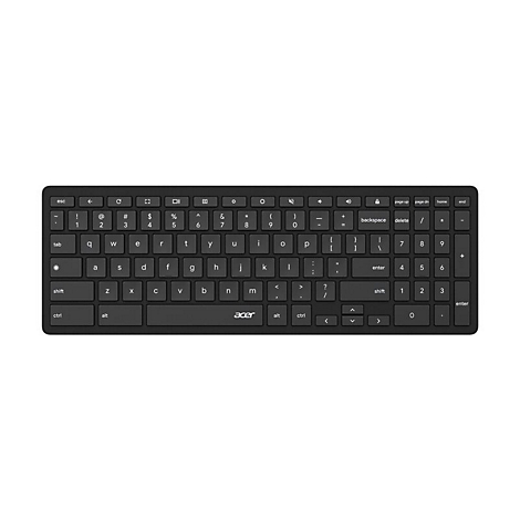 Schwarze Acer-Tastatur mit QWERTZ-Layout und integriertem Ziffernblock vor neutralem, weißem Hintergrund.