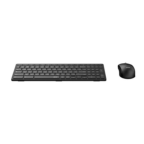 Schwarze kabellose Acer-Tastatur mit flachen Tasten und eine dazu passende schwarze Funkmaus vor weißem Hintergrund.