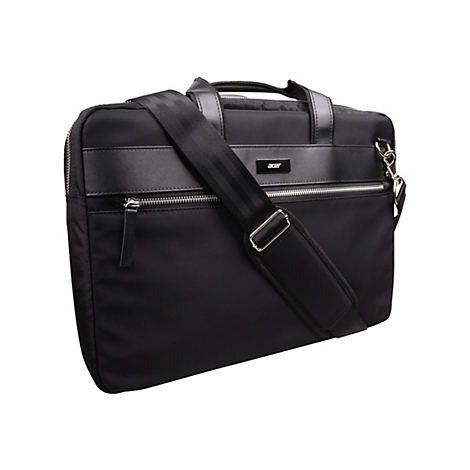 Schwarze Acer Laptoptasche mit Tragegurt und silbernen Reißverschlüssen vor weißem Hintergrund.