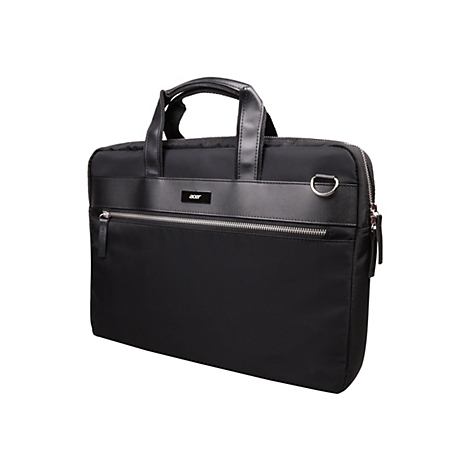 Schwarze Acer Laptoptasche mit silbernem Reißverschluss vor weißem Hintergrund.