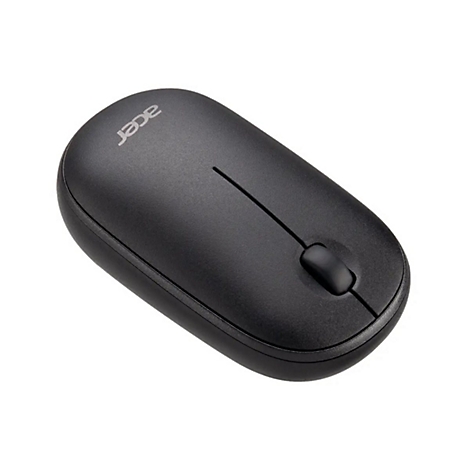 Schwarze, kompakte kabellose Acer-Computermaus vor weißem Hintergrund.