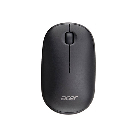 Schwarze, kabellose Acer-Computermaus in der Draufsicht auf weißem Hintergrund.