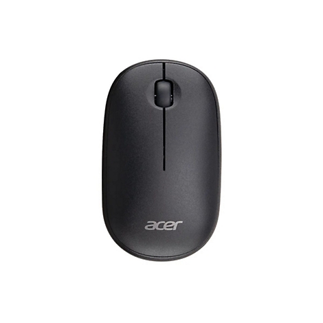 Schwarze, kabellose Acer-Computermaus mit Scrollrad auf weißem Hintergrund.