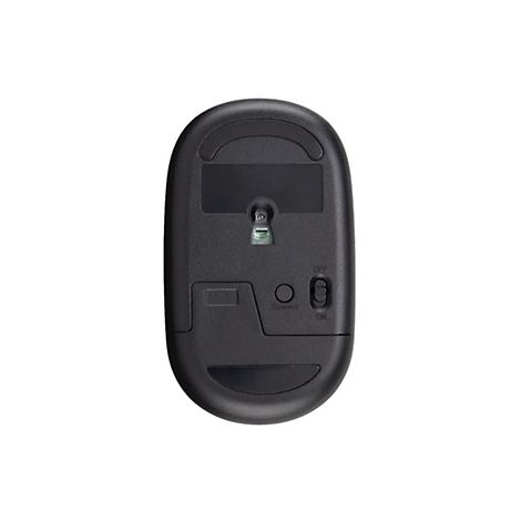 Unterseite einer schwarzen kabellosen Computermaus mit Sensor, Connect-Taste und Ein-Aus-Schalter.