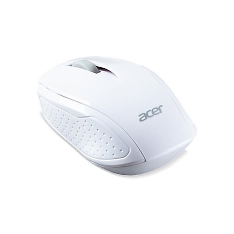 Weiße Acer Computermaus vor weißem Hintergrund mit gräulichem Scrollrad.
