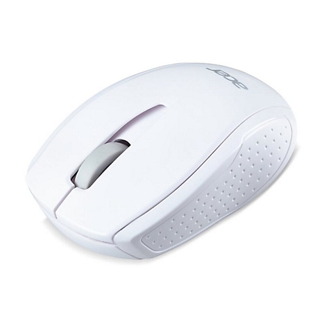 Weiße, kompakte kabellose Acer-Computermaus mit grauem Scrollrad vor weißem Hintergrund.