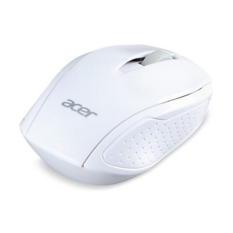 Weiße, kabellose Acer-Computermaus vor neutralem Hintergrund.