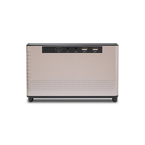 Rückseite eines beigen Projektors mit Anschlüssen für HDMI, AV, AUX und zwei USB-Ports.