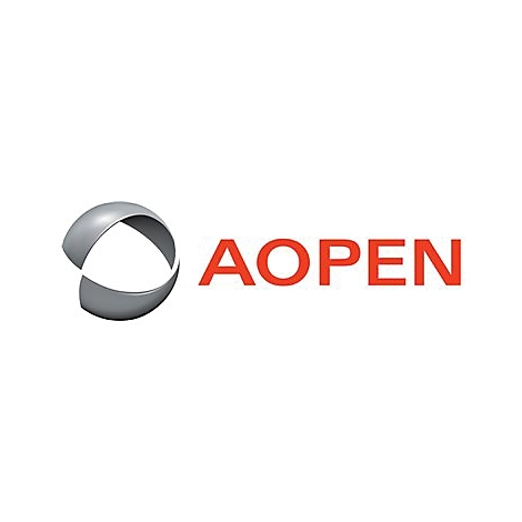 Firmenlogo AOPEN: Ein stilisierter grauer Kreis neben dem roten Schriftzug AOPEN.