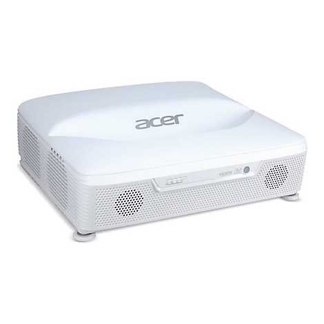 Ein weißer Acer Projektor in rechteckiger Form mit frontalen Lautsprechergittern vor weißem Hintergrund.