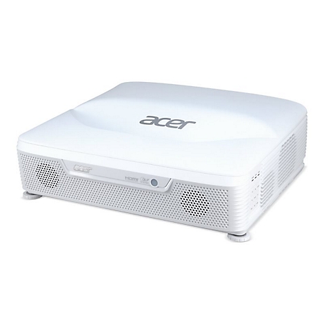 Weißer Acer DLP-Projektor mit perforiertem Gitter auf der Vorderseite vor weißem Hintergrund.