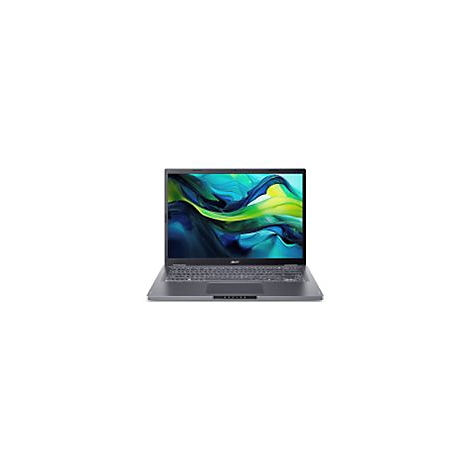 Dunkelgraues Laptop mit schwarzem Bildschirm, der einen farbenfrohen Hintergrund zeigt.