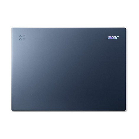 Dunkelblauer Laptopdeckel mit Acer-Logo und gepunktetem Muster. Die Oberfläche ist glatt und reflektiert das Licht leicht.